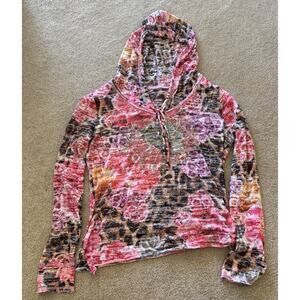 Y2K Size Medium Flower And Animal Print Sheer Long Sleeve With Hood